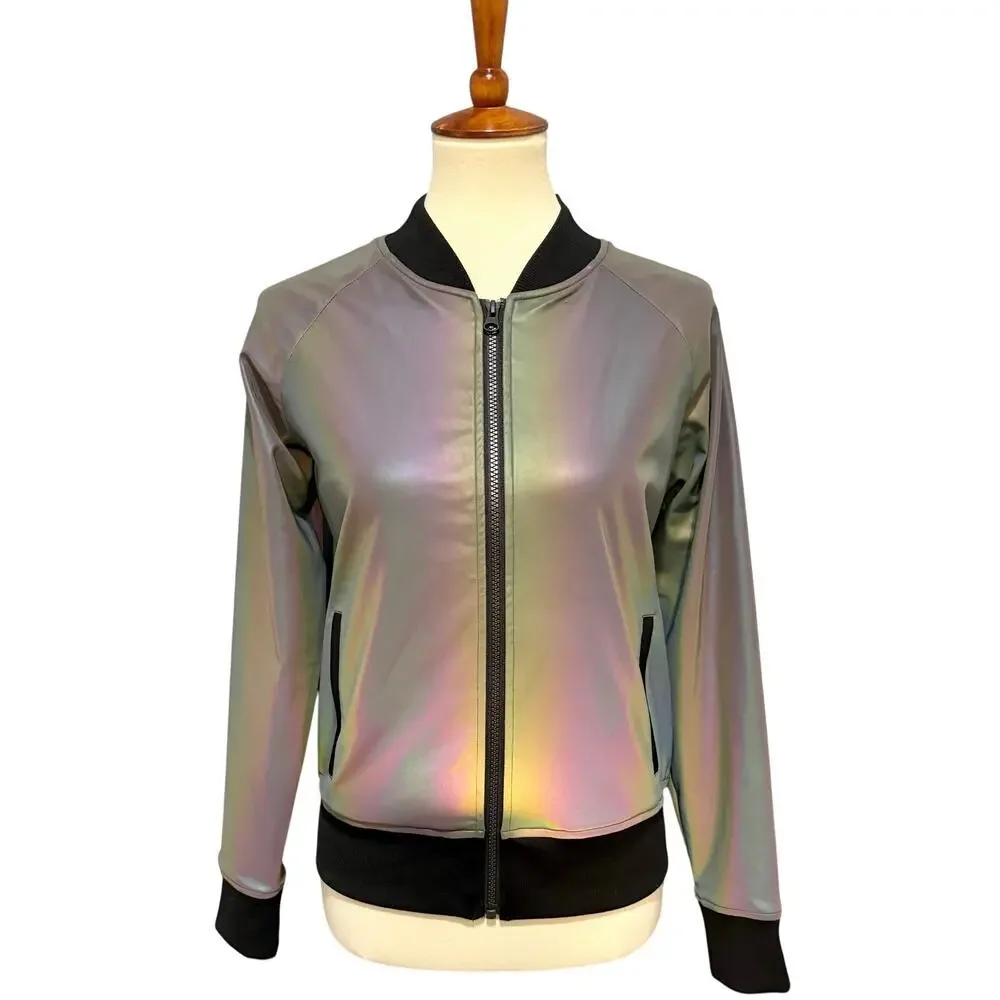 Holographic Reflective Bomber Jacket Iridescent Silver Black Line Noli, Size S - Picture 2 of 10